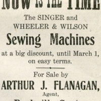 Advertisment for Arthur J. Flanagan, agent for Singer and Wheeler & Wilson sewing machines, Mar. 6, 1908  .jpg