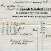 William Garner, Sr., receipt for purchase of clothing from Jacob Siedenberg, Mechant Tailor, 1873.jpg