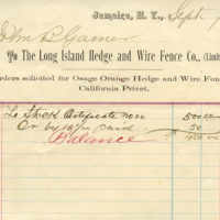 John B. Garner bill for stock certificate from Long Island Hedge and Wire Fence Co., 1891.jpg