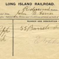 John B. Garner receipt from the Long Island Rail Road for 55 barrels of pickles, 1891.jpg