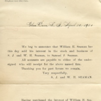 Letter from S.J. & W.H. Seaman  concerning William H. Seaman's sale of his share in the business to Samuel J. Seaman, 1901 .jpg