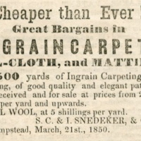 Advertisement for ingrain carpets, oil-cloth, and matting, for sale at Snedeker's,  May 3, 1851.jpg