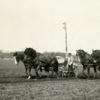 Leon A. Rushmore, Sr., and unidentified man on horse drawn potato planters in a field at Rushmore Farms, 1918.jpg