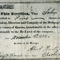 Photostatic copy of an 1830 certificate for five shares of stock in the Company of the Bethpage Turnpike Rd, n.d.jpg