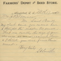 John B. Garner letter from S.A. Smith Hempstead Hardware, Farmers Depot and Feed Store, 1890.jpg